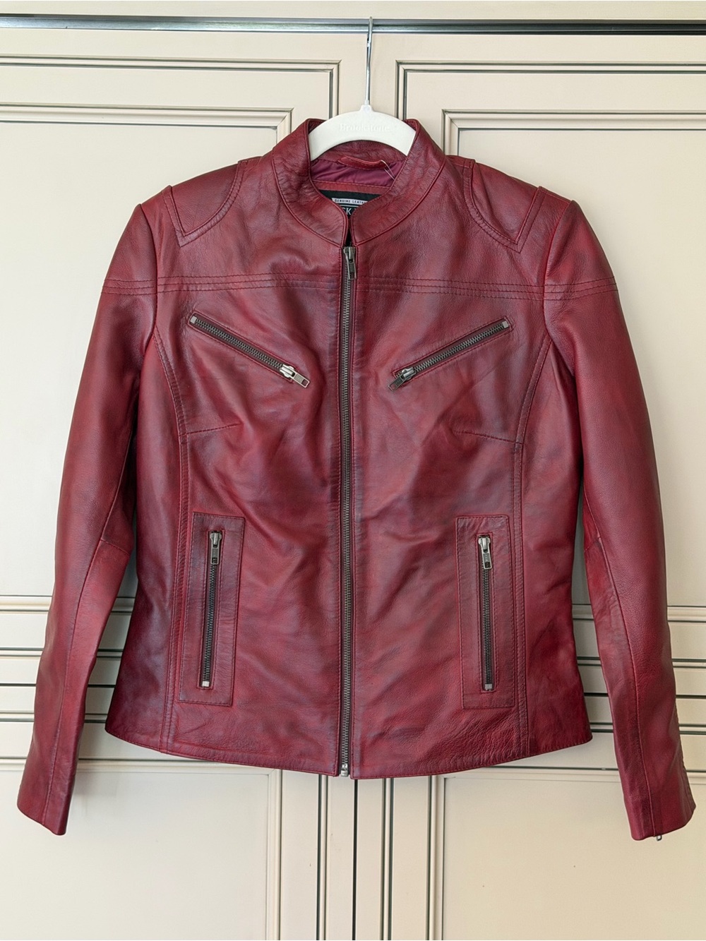 NWT 100% GENUINE LAMB NAPPA LEATHER Brick Lane Burgundy Red Moto Biker Jacket Sm - Picture 14 of 15